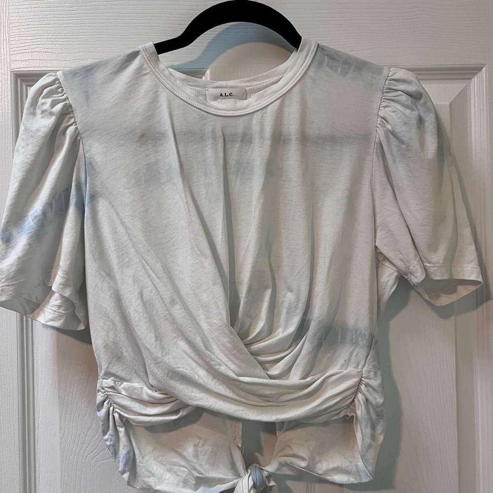 A.L.C. White Cropped T Shirt with Puff Sleeves Bow Tie and Light Tie Dye Size S